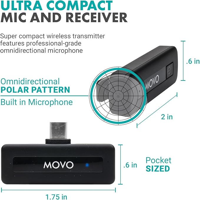 Movo Wireless Mini USB-C Wireless Microphone for iPhone 15/16/17 - Microphone Compatible with Pro Max - 10HR Battery Life, 164ft Range