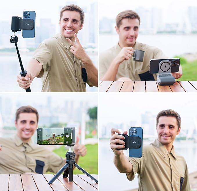 KIWIFOTOS Magnetic Phone Camera Grip for iPhone 17 Magsafe Handle with Bluetooth Remote & Tripod Mount Adapter for iPhone 16 15 Pro Max Samsung Smartphone Vlog Video Shooting