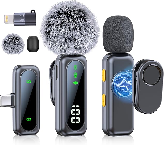 Mini Microphone for iPhone 15 16/iOS/Android Devices, LED Display Wireless Microphones for Video Recording, Lavalier Microphone Clip on Lapel Lav Mics for Vlog YouTube TikTok