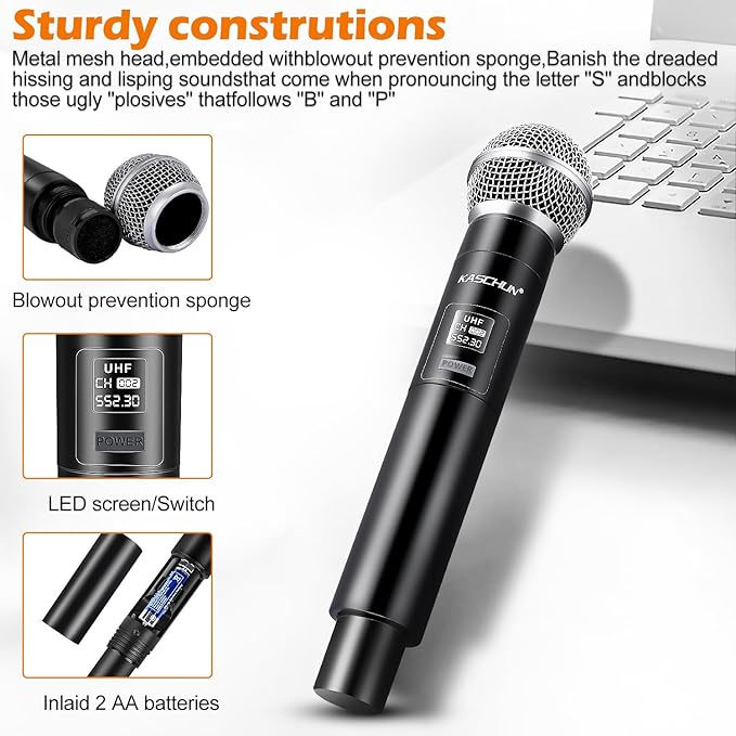 Wireless Microphone System, Dual UHF Handheld Microphones, 200ft Long Range, Plug & Play, Cordless Microphone for Singing, Karaoke, DJ, Church, Wedding, Home KTV (KA-328)