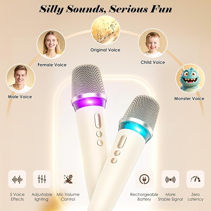 Karaoke Machine with 2 Wireless Mics & Soft Leather Wrap |mini Portable Bluetooth Speaker with 5 Voice Changer Modes for Home Party, AUX/USB/TF Support, for Kids and Adults
