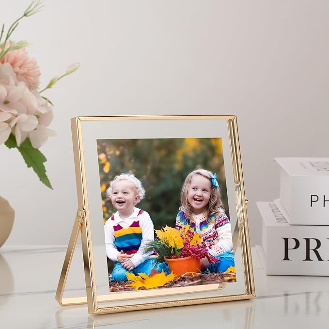 Gold 5x5'' Floating Frame Set of 2,For Photo Sizes(4x4'' or 3x3''),Beautiful Metal Beaded Frames Adjustable Tabletop/Shelf Photo Frame,Classy Gift Choice for Wedding,Birthday or Christmas Gift