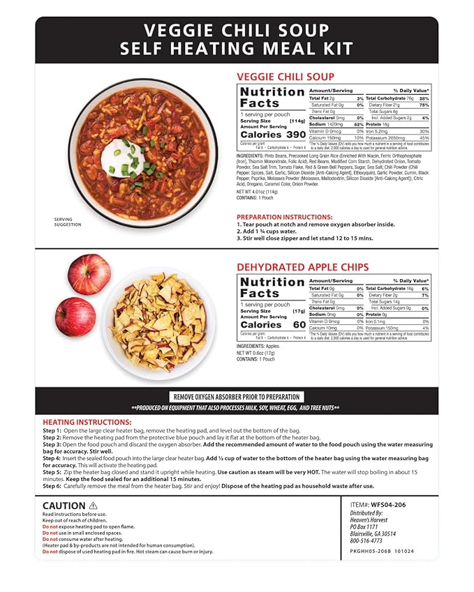 Heaven's Harvest Self-Heating Emergency Meal Kit (10 Year Shelf Life) — Tastier than MRE Meals & Ready-To-Eat in Minutes! Just add water to activate the “cooking” process. (Veggie Chili) (12-Pack)