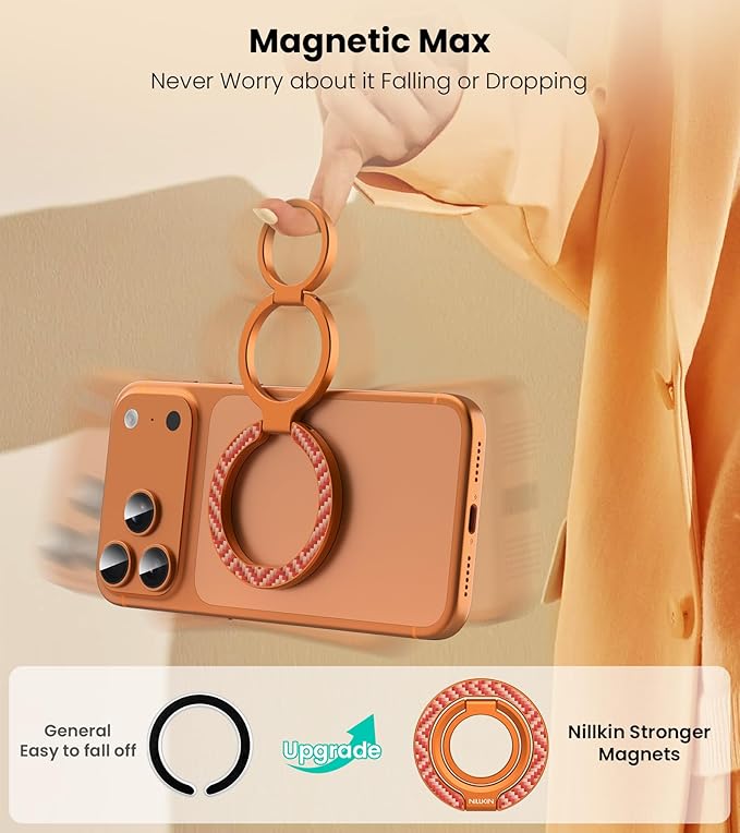 Nillkin MagSafe Phone Grip Ring Holder for Dual-Sided Magnet, Removable Magnetic Phone Ring Holder for iPhone 17/16/Pixel Snap Grip, Carbon Fiber, MagSafe Ring Stand, Accessories for iPhone, Orange ﻿
