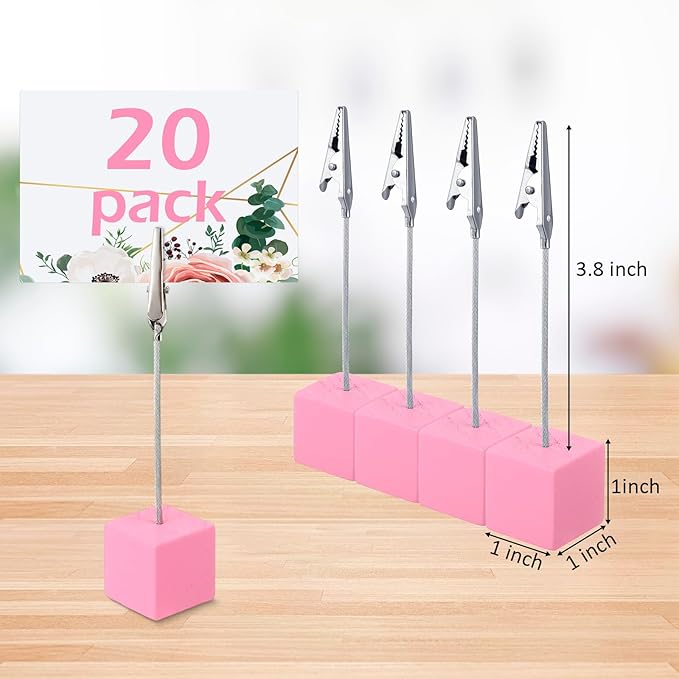 Gersoniel 20 Pcs Cube Base Memo Clip Holder with Alligator Clip Wood Table Number Holder Cube Base Place Card Stand Mini Photo Menu Stand for Displaying Number Card (Pink)