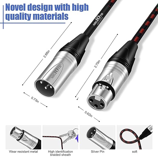 XLR to XLR Pro Mic Cable Male to Female XLR Cable 3-pin Red Balanced Shielded Microphone Cable for Amplifier Mixer,Speaker Systems,Recording Studio,25Ft