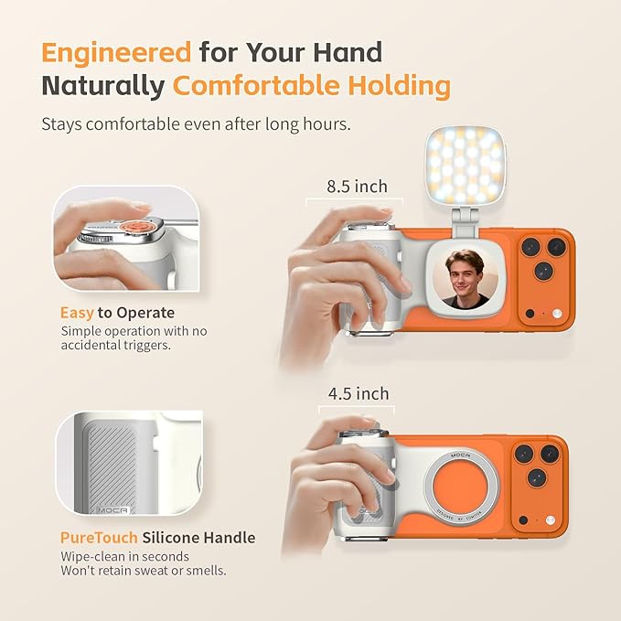 COMITOK iPhone Camera Grip MOCA with Magnet Fill Light & Mirror for 17 Pro iOS26 Native Camera, Fun Shot Magnetic Grip for Phone Compatible iOS17 and iOS18 with Anti-Drop Detachable Remote & Keychain