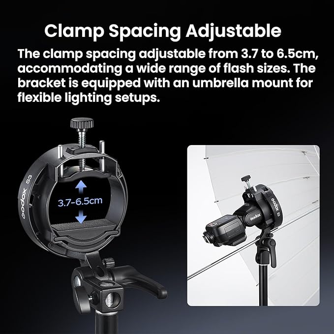 GODOX S3 Speedlite Bracket, 𝐆𝐨𝐝𝐨𝐱 𝐒𝟐 𝐔𝐩𝐠𝐫𝐚𝐝𝐞, Adjustment Angle±90°,Umbrella Hole, Bowens Mount Holder for Godox AD200Pro II AD300Pro II AD400Pro II V1 V100 V1Pro AD300Pro AD100Pro etc.