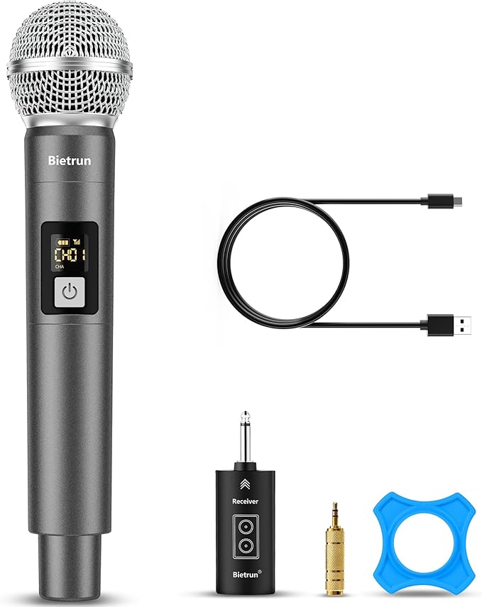 Bietrun Wireless Microphone, UHF Single Handheld Cordless Dynamic Metal Mic Set with Rechargeable Receiver, 1/4'' Plug Output, for Karaoke, Church, Wedding, Party Singing(98 ft Range)(Auto Connect)