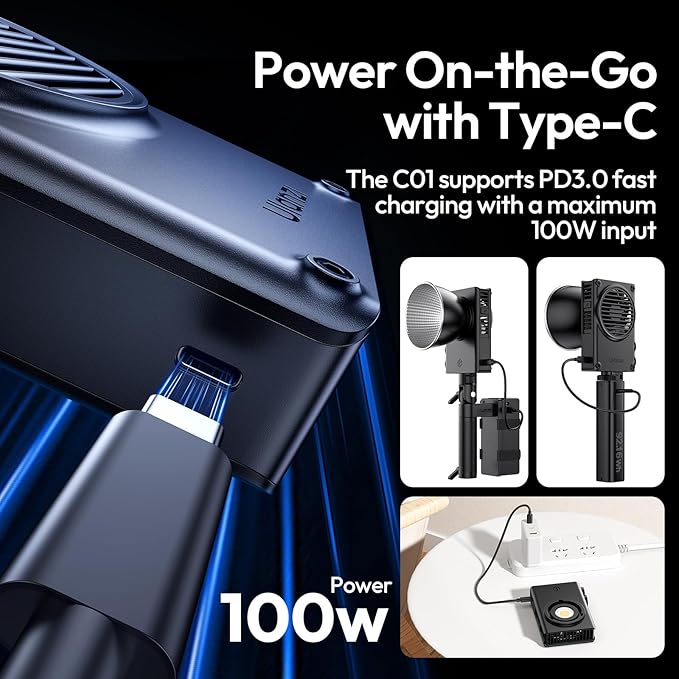 Ulanzi C01 100W COB Lights - PD 3.0 Powered, Led Video Light 2700K-6500K,14500Lx,CRI 96+, Knob Control, Compact & Lightweight (343g), Type-C Power Supply,for Portrait/Studio Lights,Mini Bowens Mount