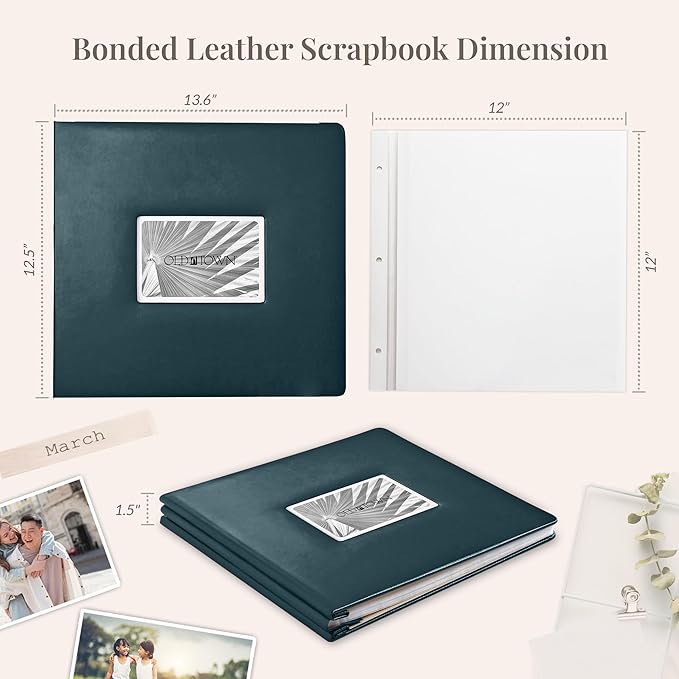 Old Town Bonded Leather Photo Album, Large Leather Scrapbook, Expandable Scrapbook Album 12x12 Double-Sided White Paper Pages and Optically Clear Pockets, Faux Suede Lining, Navy