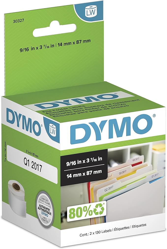 DYMO Authentic LW 1-Up File Folder Labels DYMO Labels for LabelWriter Label Printers White 9/16" x 3-7/16" 2 Rolls of 130 (260 Total)