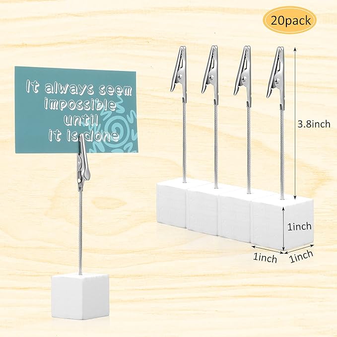 Gersoniel 20 Pcs Cube Base Memo Clip Holder with Alligator Clip Wood Table Number Holder Cube Base Place Card Stand Mini Photo Menu Stand for Displaying Number Card (White)
