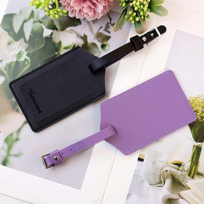 2 Pack Leather Luggage Tags Travel Luggage Name Tag Bag Tags Leather Suitcases Tags for Luggage Id Tags with Cover Privacy Protection Suitcase Labels Travel Accessories (Black & Purple)