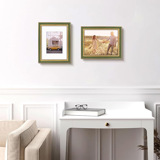 Golden State Art,9x12 Ornate Picture Frame for 6x8 Photo with Mat or 9 x 12 Prints without Mat, Real Glass Wall Display Horizontally or Vertically (Color:Green Gold)