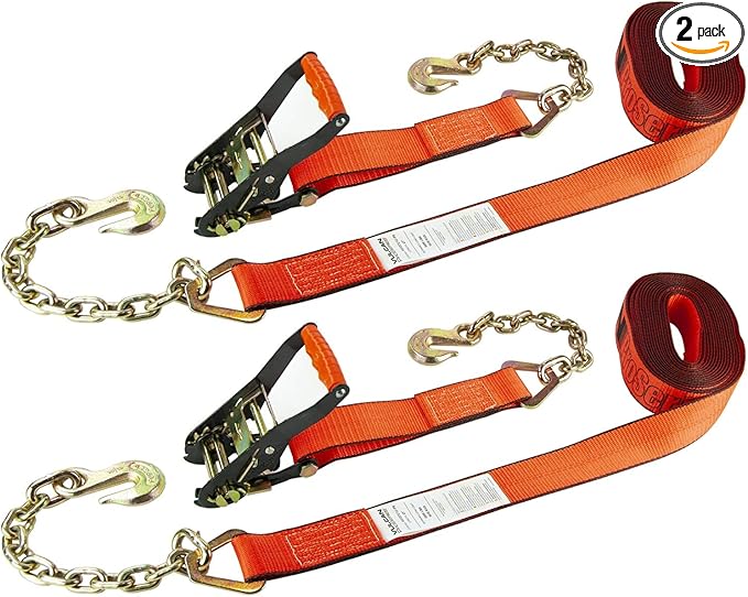 VULCAN Ratchet Strap with Chain Anchors - 2 Inch x 27 Foot - 2 Pack - PROSeries - 3,600 Pound Safe Working Load