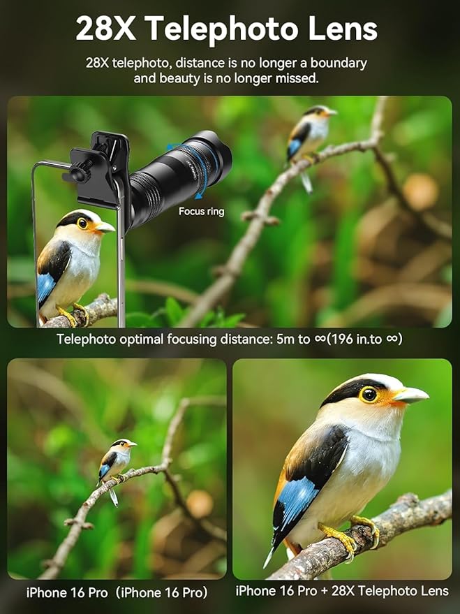 MIAO LAB 28X HD Telephoto Lens for iPhone/Samsung/Android, High Power Telephoto Camera Lens with Universal Clip Compatibility Most Smartphone