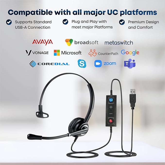 VoicePro 10 Professional Home Office and Call Center USB Headset with Noise Canceling Microphone, HD Speakers and in Line Call Controls with Mute, Compatible with All UC Voice Platforms.