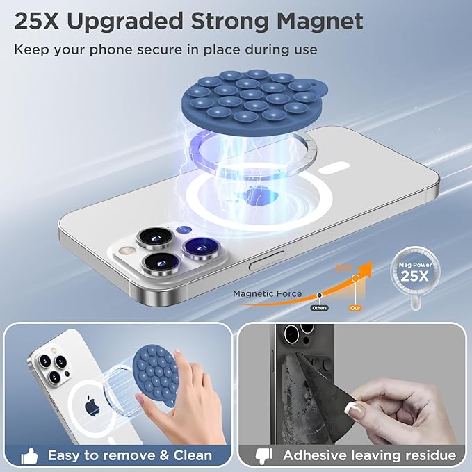 Magnetic Suction Cup Phone Mount, Compatible with MagSafe, Silicone Octo Cup Buddy Sticky Grip Holder for iPhone and Android, Removable Hands-Free Selfie/Video for TikTok, Azure Blue