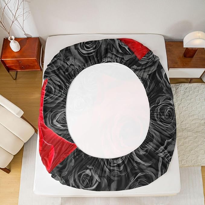 Erosebridal Red and Black Rose Sheet Set - Twin Valentine's Day Bedding for Women - Rose Print Fitted Sheet with Blossom Flowers - 3 Pcs with 1 Pillowcase