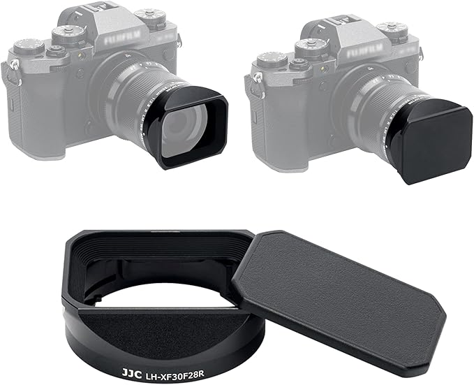 JJC Square Metal Bayonet Lens Hood Shade for Fuji Fujifilm XF 30mm f/2.8 R LM WR Macro Lens, XF30mm F2.8 Lens Hood on X-T5 XT5 X-T4 X-T30 II X-T30II XT30II X-E4 X-S10 X-T200, with Protective Hood Cap