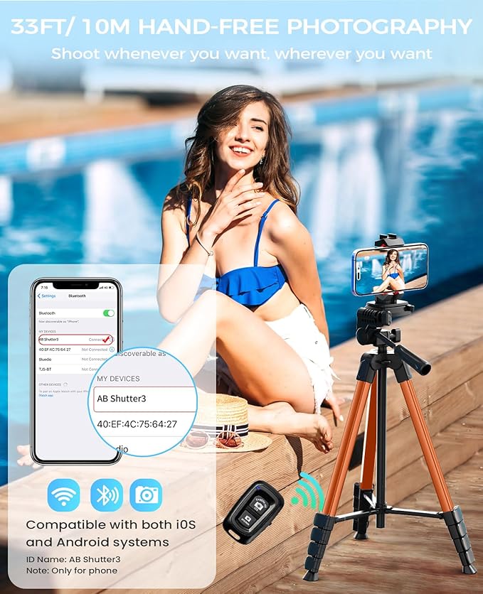 MACTREM 67" Tripod Stand for iPad Phone Tablet Camera with 2 in 1 Mount & Wireless Remote, Aluminum Extendable iPhone Tripod for Video Recording/Selfies/Live Stream/Vlogging (Orange)