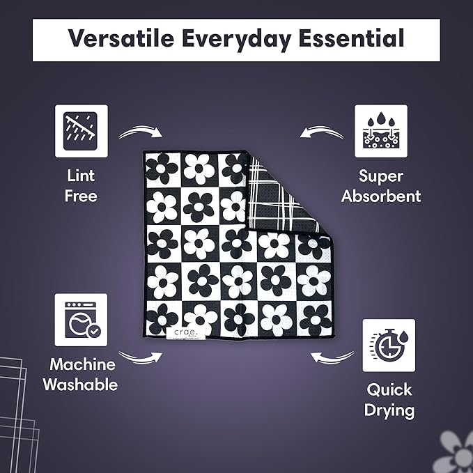 crae. Reversible Microfiber Washcloths 12x12 – Super Absorbent, Quick Drying Waffle Weave – Lint-Free, Scratch-Free Cleaning Cloths for Kitchen, Home, Cars & Windows (8 Track- Black/White)