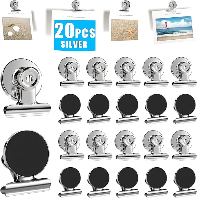 DIYMAG Hanging Photo Magnetic Clips, 20 Pack Fridge Magnets Heavy Duty Holder Party Graduation Collage Picture Display DIY Clip for Refrigerator Home Whiteboard Office Locker Classroom Silver