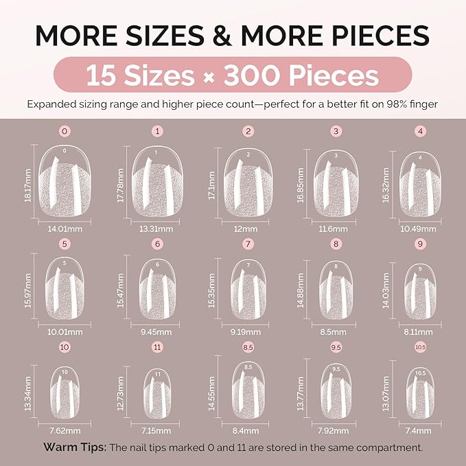 MelodySusie Short Oval Round Almond X Nail Tips - 300Pcs 15 Sizes Clear Acrylic,Half Matte Full Cover Press on Nails for DIY Extension & Salon Use, Pre-Shaped for Long-Lasting Manicure