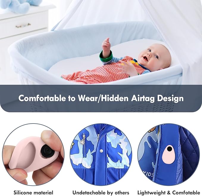4 Pack Airtag Holder for Kids Hidden,GPS Tracker Case, Anti-Removal Airtag Silicone Case with Pins, Suitable for Children, Elderly, Pets, Backpack, Luggage (White & Black & Navy Blue & Pink, 4 Pack)