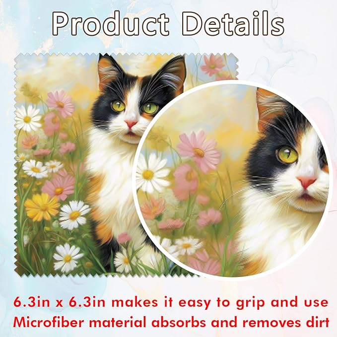 FREEBLOSS 24Pcs Microfiber Cleaning Cloth Cat Pattern Glasses Cleaner Cloths Eyeglass Cleaning Cloth Premium Thick Cloth for Glasses Oil Painting Cleaning Cloth for Window Mirrors 6.3x6.3inch