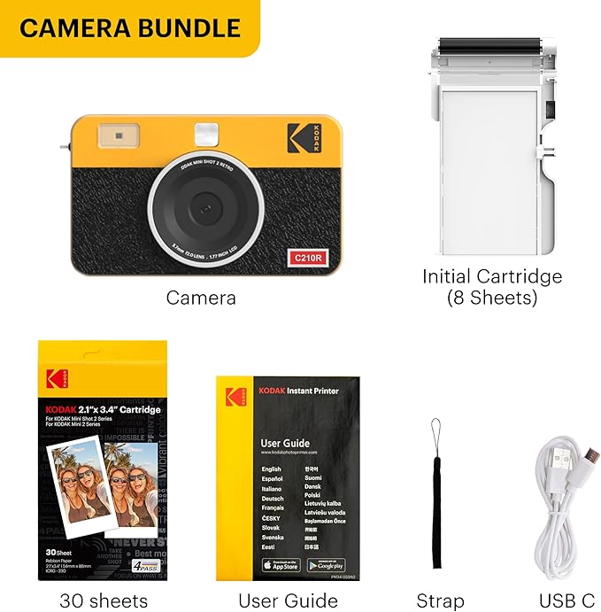 KODAK Mini Shot 2 Retro 4PASS 2-in-1 Instant Digital Camera and Photo Printer (2.1x3.4 inches) Initial 8 Sheets + 30 Sheets Bundle, White