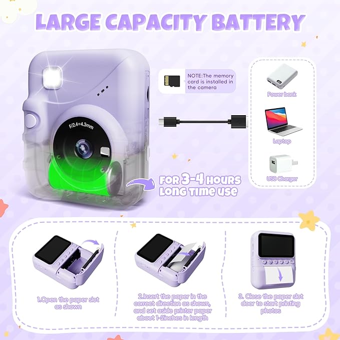 Kids Camera Instant Print, 3.0'' Screen 48MP Photo Instant Camera for Kids with 32GB Card, 1080P HD Digital Child Printable Camera, Gift for 3-12 Year Old Girls Boys (Purple)