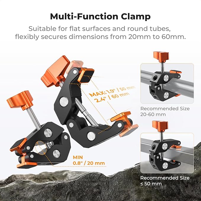 K&F CONCEPT Camera Mount Clamp, Super Crab Clamp with Rotatable Clamping Block, 1/4" and 3/8" Thread Holes for Round Pipe Flat Surface, Camera Mounts, and Other Photographic Accessories