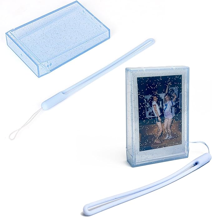 2 Pack Travel Photo Holder for Fujifilm Instax Mini 7+/8/9/11/12/40/90/EVO, 3 inch Photo Storage Case, Camera Clear Photo Protective Box with Wrist Lanyard, Postcard Display Frame (Blue glitter)