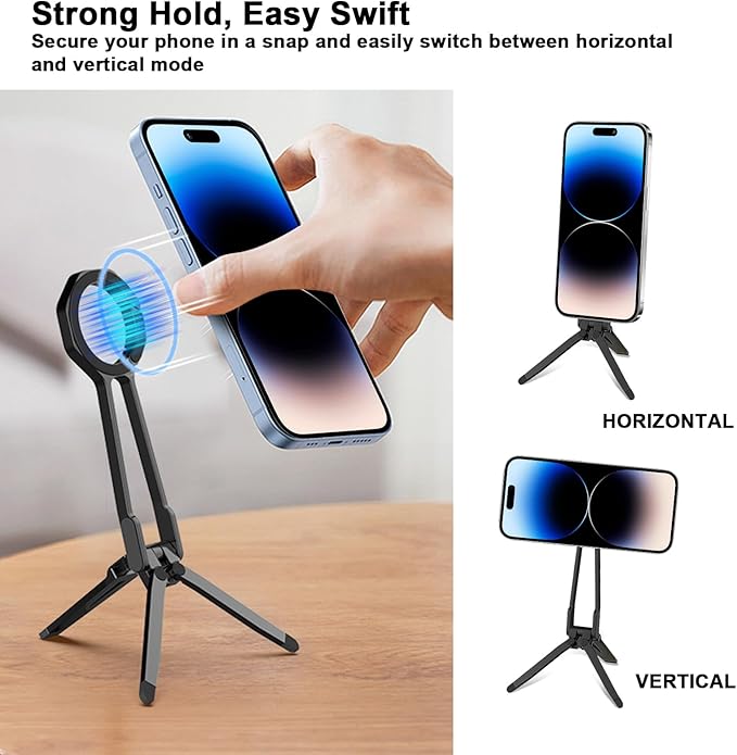 Foldable Magnetic Phone Tripod for iPhone, Mini Tripod Pocket Cell Phone Stand Smartphone Desk Stand, Portable Magnetic Phone Stand with iPhone 16 15 14 13 12, Black