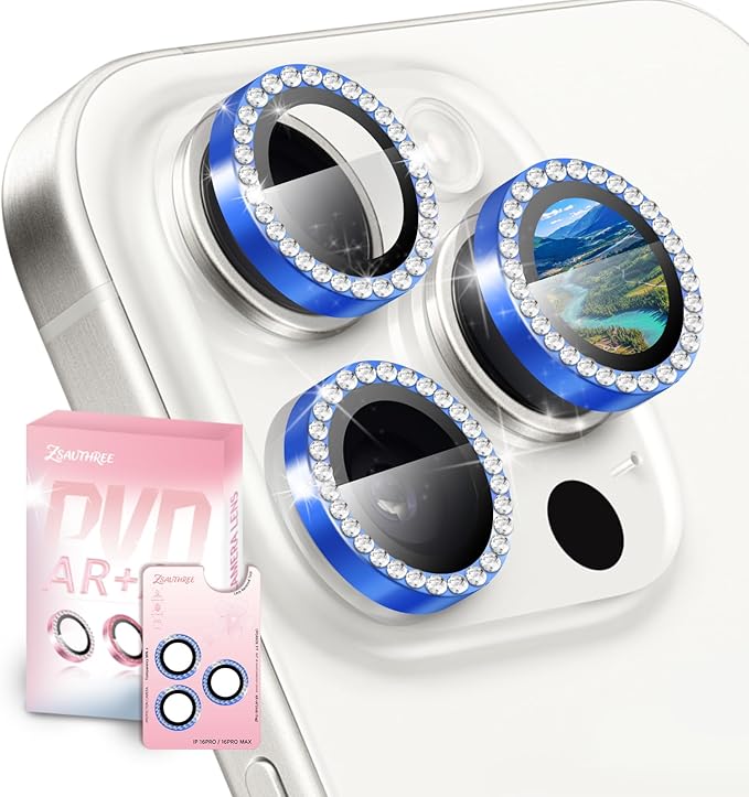 Camera Lens Protector Bling Compatible for iPhone 15 Pro/15 Pro Max,9H Tempered Glass,1Step Installation Tray,HD Clear/Military Grade Shatterproof/Scratch Resistant(Diamond Ocean Blue)