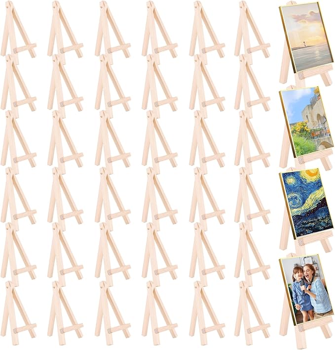 Voittozege 40 Pcs 6 Inches Mini Wood Easel, Wooden Tripod Holder Stand for Painting Mini Tabletop Easels for Card Artist Crafts Photos Gift