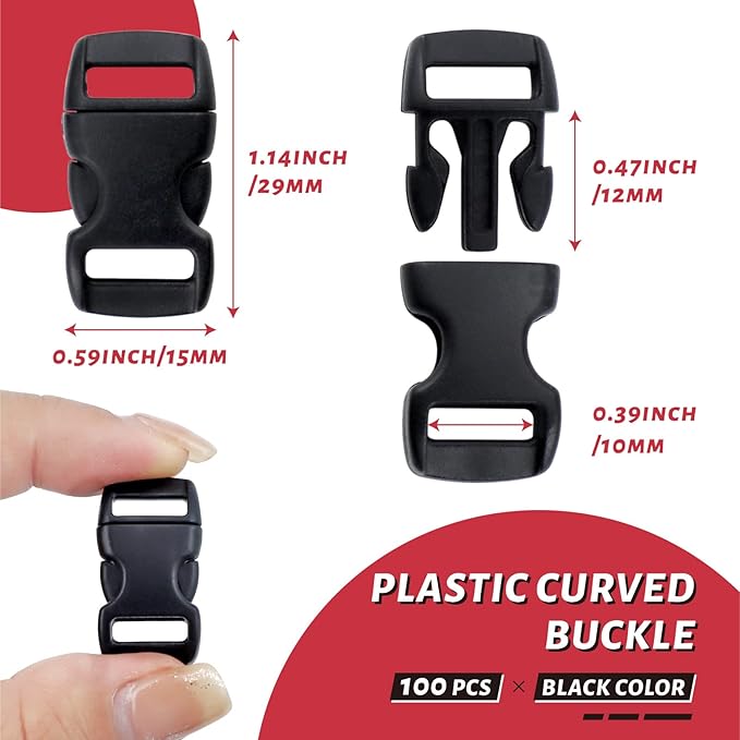 100 Pack Black Plastic Curved Buckle, 3/8 Inch Side Release Quick Buckles Backpack Buckle for Luggage Straps Webbing Belt Tactical Bag Gear Waistcoat Pet Collar