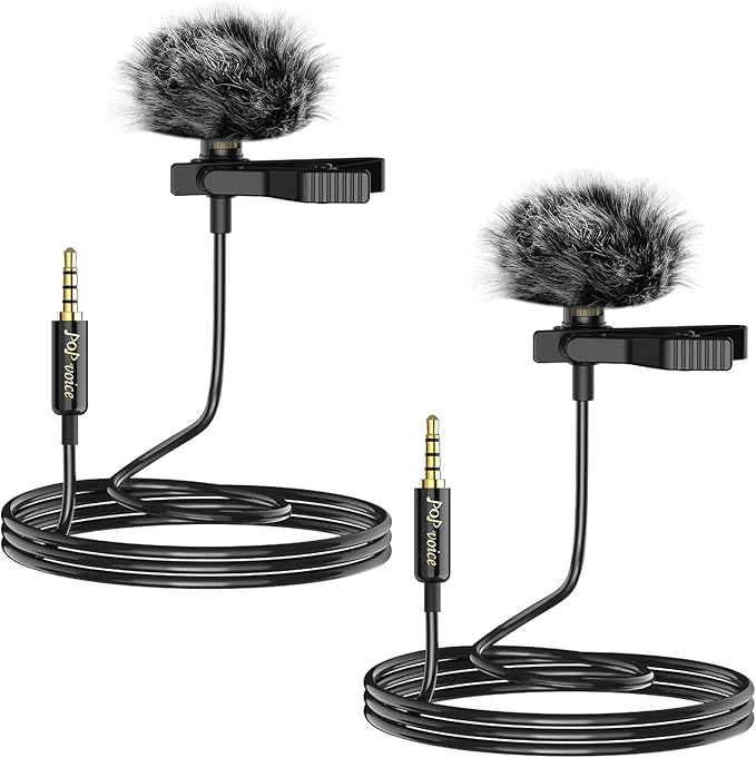 PoP Voice 2Pcs Professional Lavalier Lapel Microphone 3.5mm Compatible With DJI Mic/Rode Wireless GO Transmitters for Smartphone Camera, Mini Mic for YouTube, Interview, Video, Broadcasters