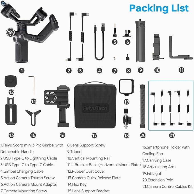 FeiyuTech SCORP Mini 3 Pro Combo | Full Accessory Kit – All-in-One 3-Axis Camera Gimbal, Built-in AI Tracking, Detachable Remote Handle, Vertical Shooting Compatible
