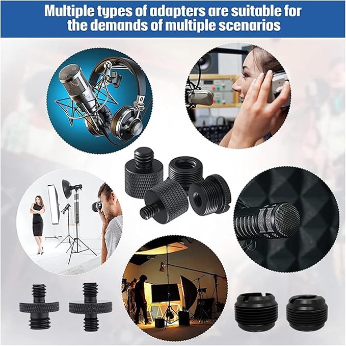13 Pack Microphone Stand Adapter Screws with Extension Tube,Black Aluminum Alloy,3/8 to 5/8 and 1/4 Threaded Screw Mount for Mic Boom Arm,Camera Tripod,Projector Stand Arm,Fill Light