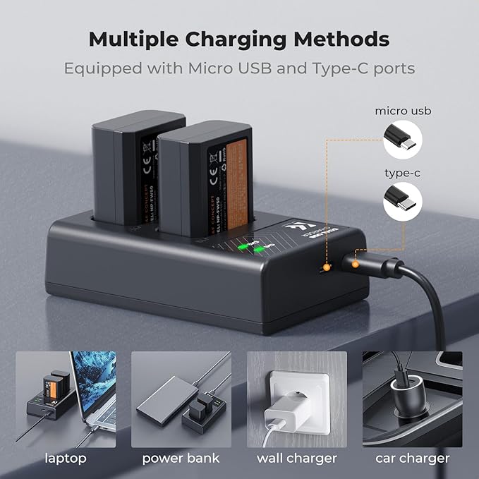 K&F CONCEPT NP-FW50 Battery and Dual Slot Charger for Sony ZV-E10 A6500 A6400 A6300 A6000 A7 A7II A7RII A7SII A7S A7R A7R2 NEX-3 NEX-5 Cameras