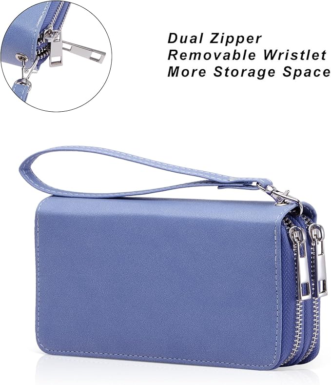 Cellphone Wallet for Women Dual Zipper Long Purse with Removable Wristlet