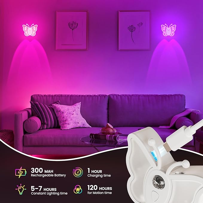 LOFTEK Night Light, Rechargeable Motion Sensor Light, RGB Color Change & Wireless Butterfly Light for Kids, Toddler, Nursery, Stick on Wall, Bedroom, Bathroom, Hallway, Stairs, Cabinet Pink, 8 Pack
