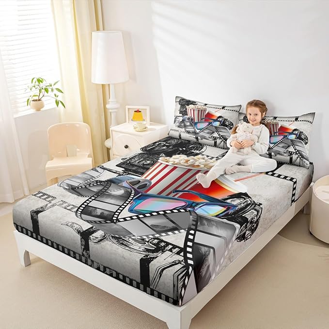 Erosebridal Movie Themed Sheet Set Twin for Boys Girls Family Vintage Cinema Style Bed Sheets Set Home Theater Decor Sheets Film Theme Fitted Sheet Retro Clapboard Popcorn Filmstrip Print Flat Sheet