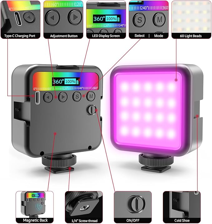 Altson Magnetic RGB Led Video Light LED Camera Light 360° Full Color Portable Photography Lighting Whit 3 Cold Shoe，，2000mAh Rechargeable CRI 96+/2500-9900K/13 Scene (Black)