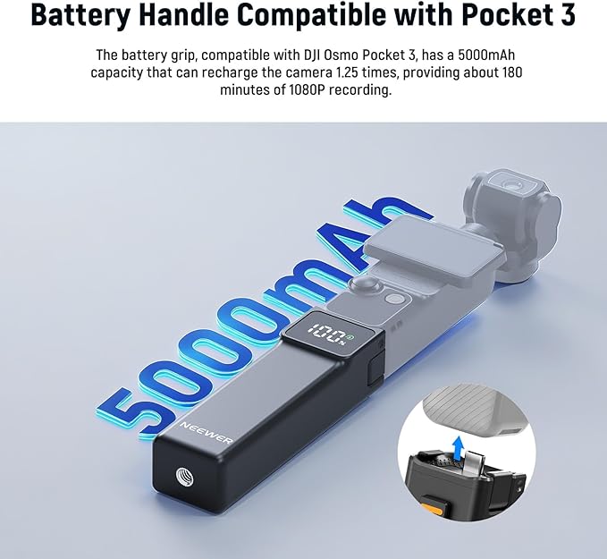 NEEWER Battery Handle Compatible with DJI Osmo Pocket 3 & Creator Combo Tripod Accessories, 5000mAh Type C 22.5W Max Portable Charging Power Pack, 1/4" Thread for Selfie Stick Video Recording, PH01