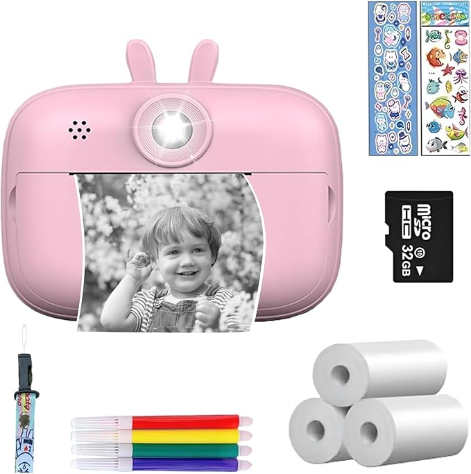 Instant Print Camera for Kids, Toddler Cameras Christmas Birthday Gifts for Boys Age 3-12, 1080P HD Digital Video Cameras for Toddler,Kids Portable Toy with 3 Rolls Photo Paper 32GB SD Card (Pink)