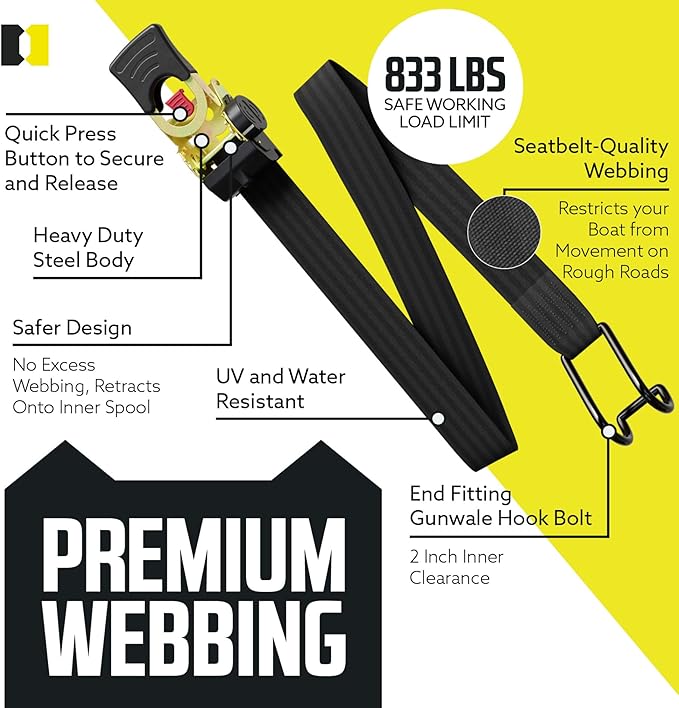 DC Cargo Mall Boat Retractable Ratchet Strap Heavy Duty Gunwale Kit & Transom Tie Down Straps & Heavy-Duty 2" x 38" Straps for Secure Boat or Jet Ski Trailer Transport - 2500 lbs Break Strength
